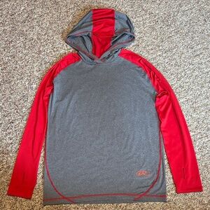 Rawlings long sleeve hooded shirt Gray Red Baseball Thumb holes Small Men’s